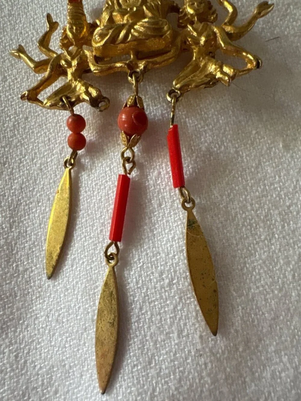 Vintage ARTCO Gold Buddha Signed Pin With Coral Dangles & Rhinestone Accent